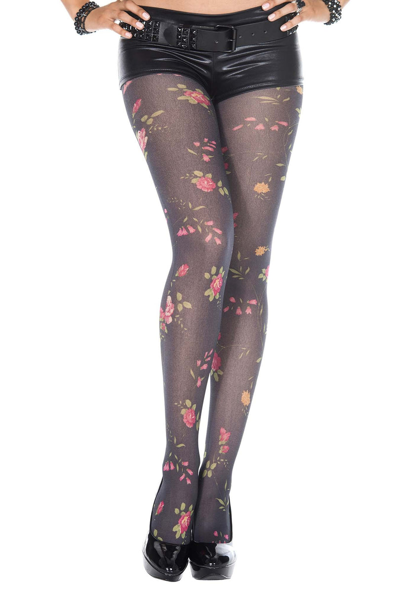 Black Soft Silky Coloured Floral Rose Design Opaque Tights