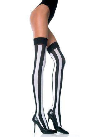 Designer Styled Thigh Hi Pink White or Red Black Vertical Stripe Stockings