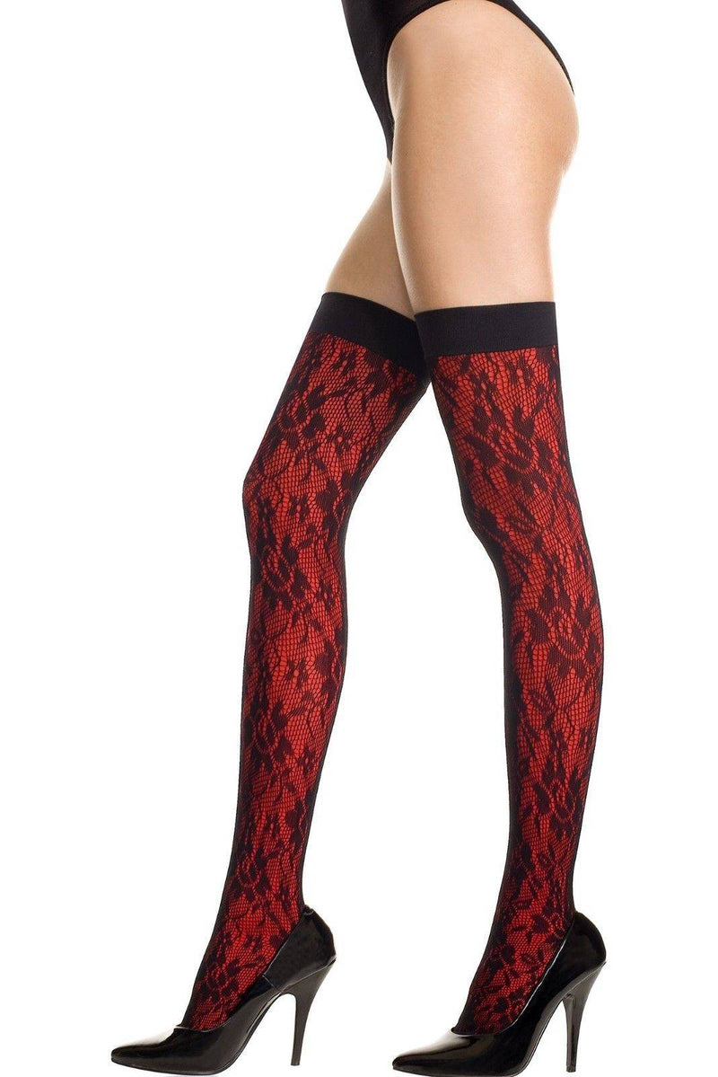 Opaque Red + Black Floral Lace Design Thigh Hi Stockings