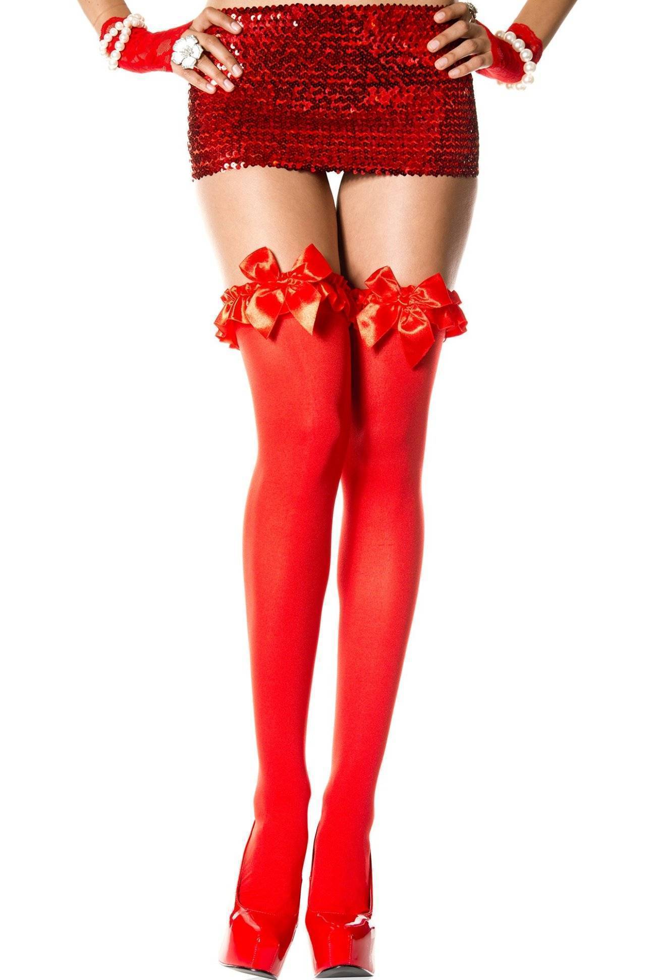 Opaque Hold-Ups with Satin Ruffle Trim + Bow - Red, White or Black