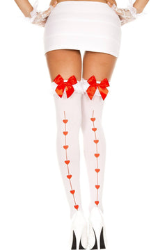 White Red Heart Seam Ruffle Lace Top with Bow Opaque Thigh Hi Sexy Stockings