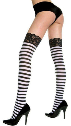 Sassy Sexy Black Lace Top Orange or White Striped Thigh Stockings