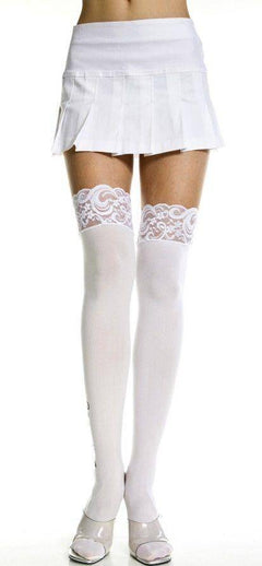 Opaque White or Black Wide Lace Top Stockings
