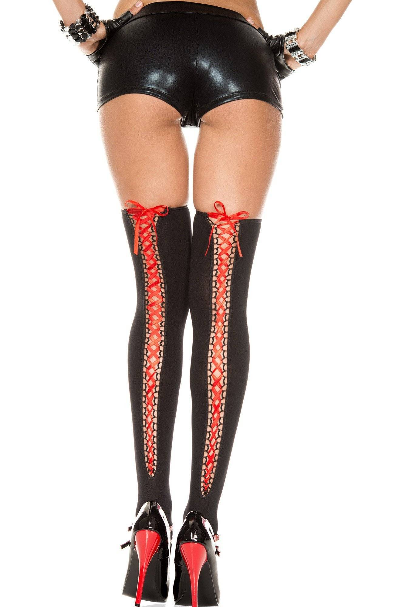 Black with Red Satin Ribbon Lace Up Back Design Opaque Nylon Stockings