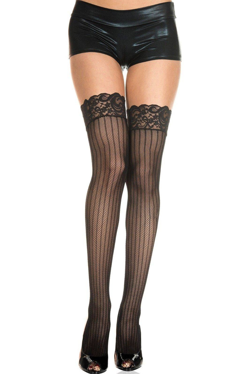 GSA Gift of Black Vertical Stripe Fishnet Lace Top Thigh Hi Stockings