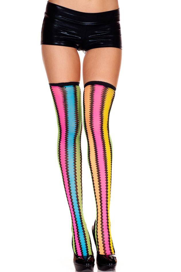 GSA Gift of Black Plain Top Thigh Hi Zig Zag Rainbow Stockings