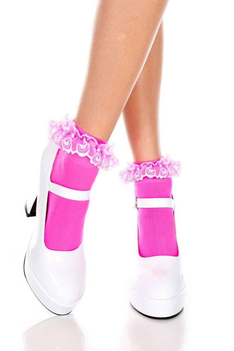 Black White Pink Opaque Sheer Lace Ruffle Top Socks
