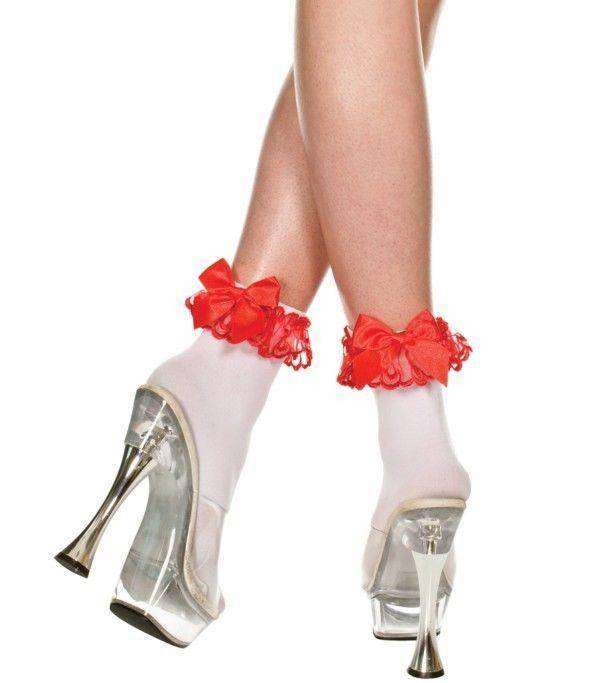 White Opaque Red Ruffle Lace Trim + Red Satin Bow Socks