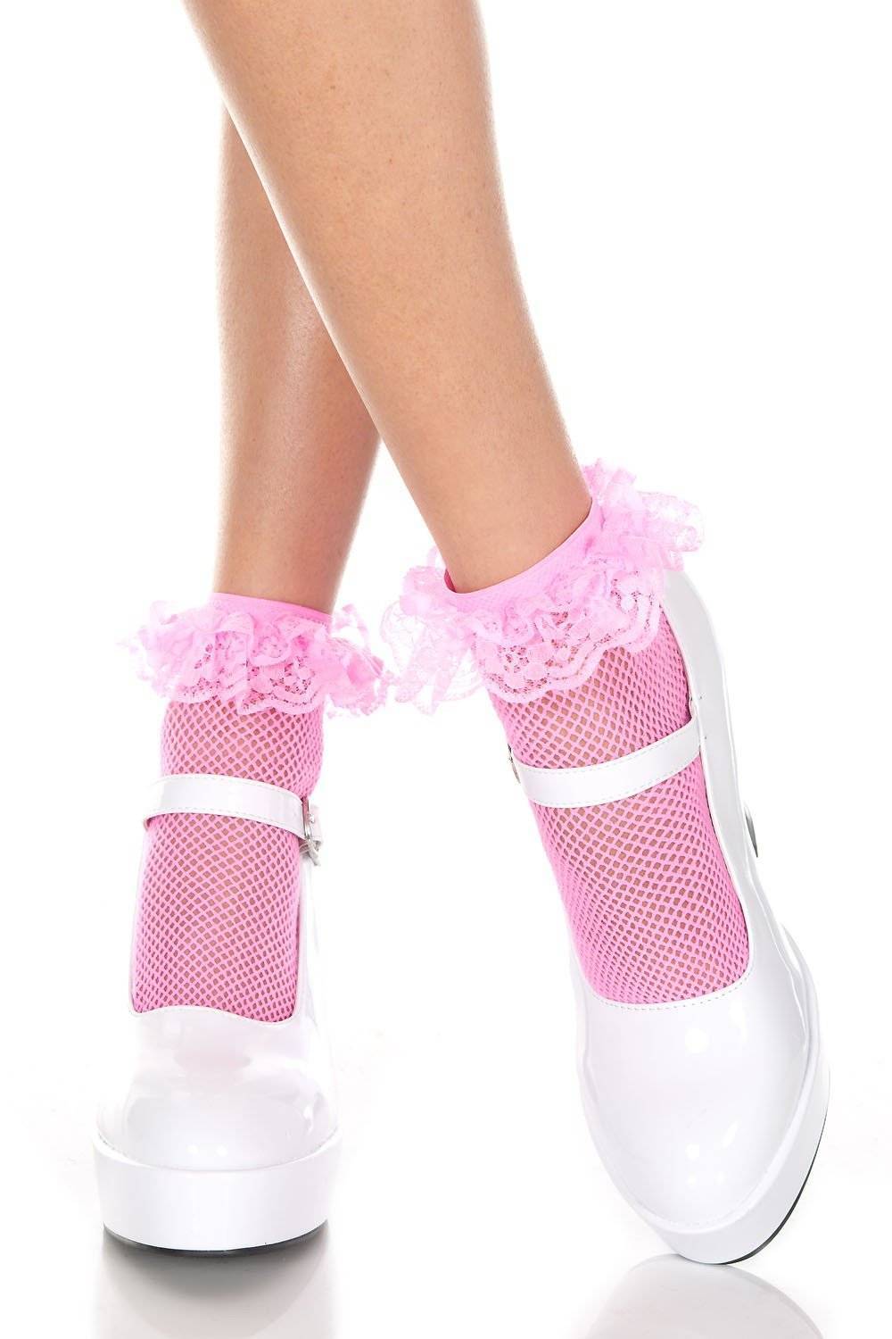 Black White Pink Fishnet Ankle Socks + Lace Ruffle Trim