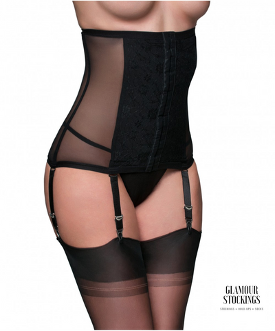 Black Lycra High Corset Style Belt with 6 Garter Straps for stockings