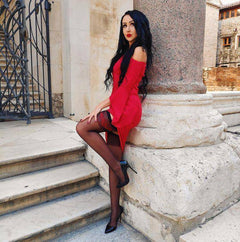 Amarachia Black Sheer Designer Black & Red Top Stockings