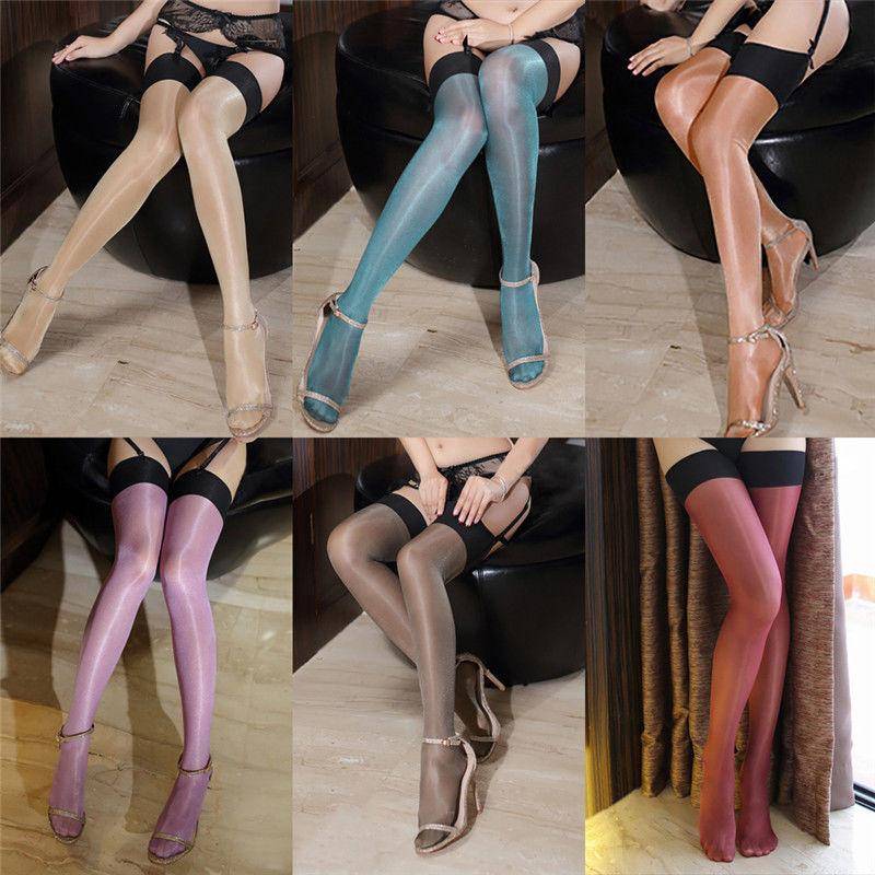 Black Top Nude Tan Red Blue or White Shimmery Glossy Stockings