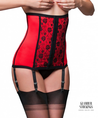 Red Lycra High Corset Style Belt with 6 Garter Straps for stockings